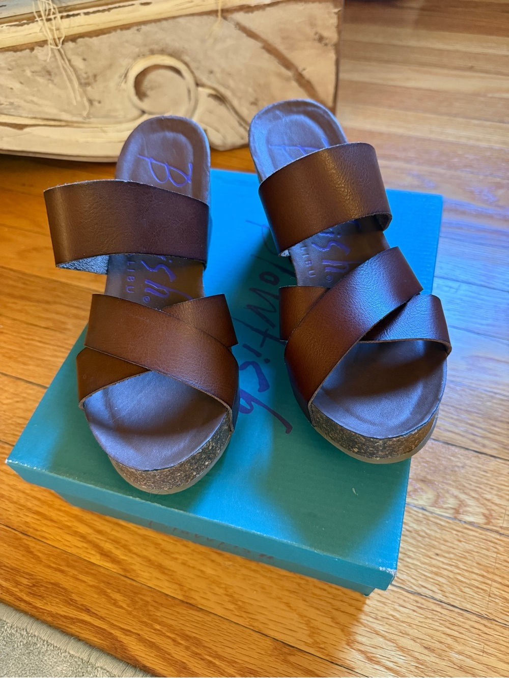 Blowfish Malibu brown leather strap cork wedge sandal/ slip on. Size 8. Like New